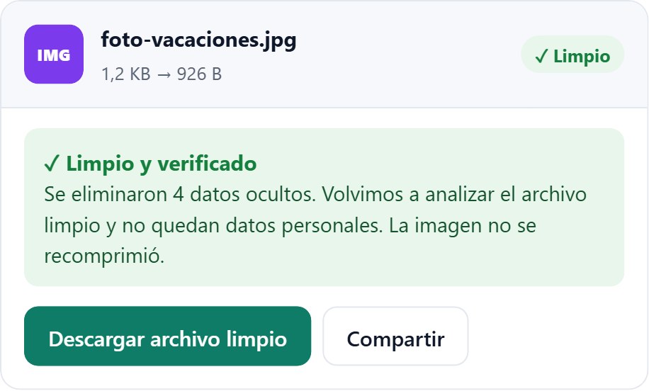 eliminar metadatos Resultado al eliminar metadatos de una foto: archivo limpio y verificado sin pérdida de calidad