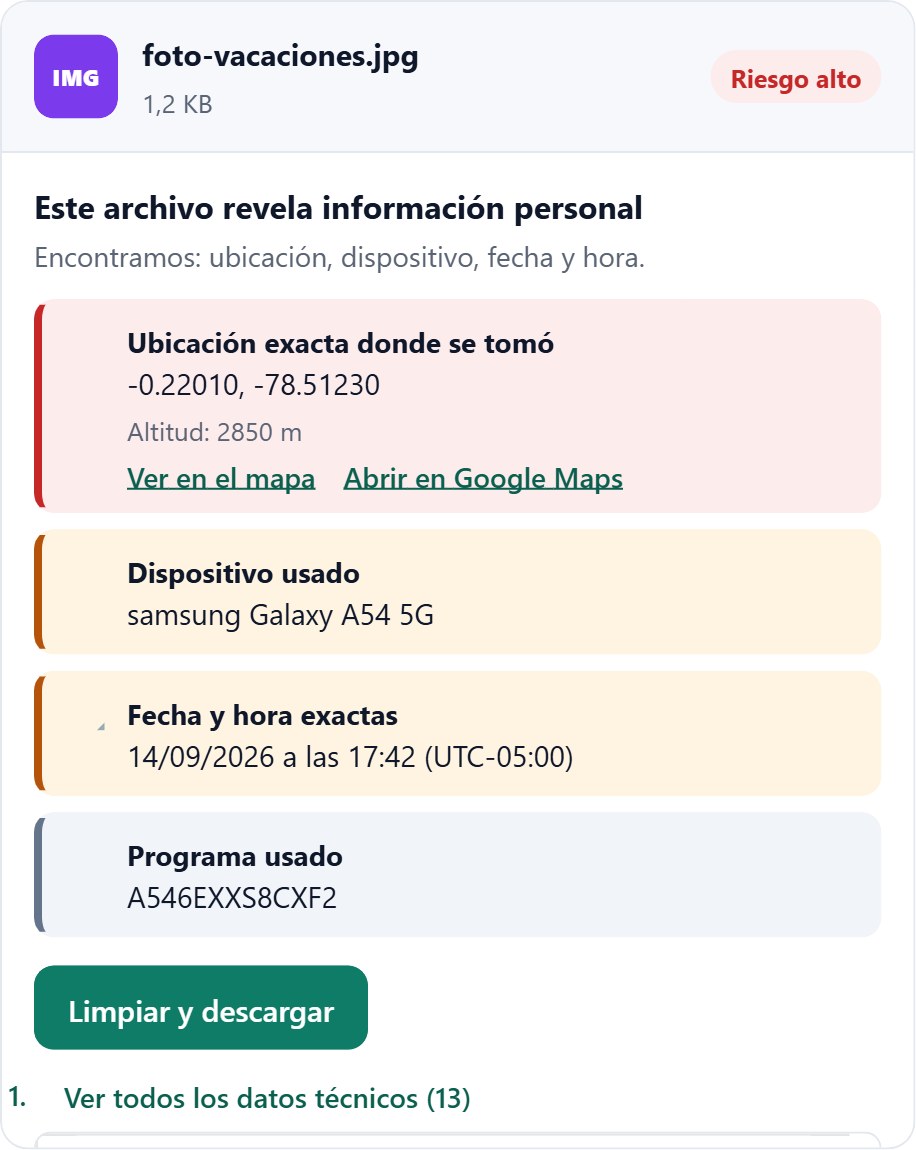 eliminar metadatos Ficha de metadatos de una foto: ubicación GPS, fecha y hora, modelo del celular y programa
